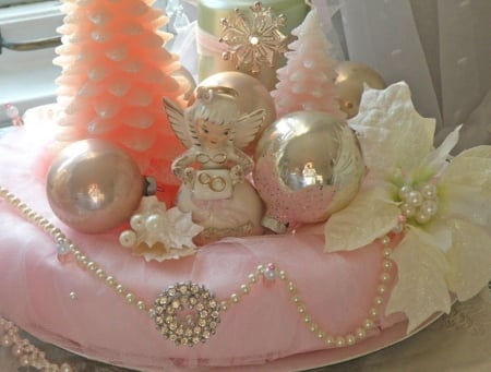 beautiful christmas decorations - pearls, holidays, pink, soft, decorations, photography, still life, christmas