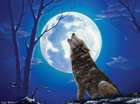 Lone Wolf - moon, trees, night, howl, moonlight