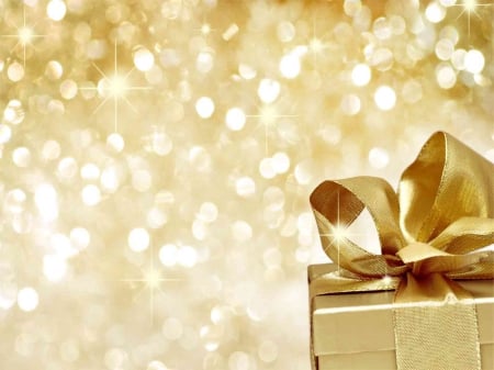 ●●● Golden Holidays ●●● - bokeh, sparkle, present, holidays, christmas time, glow, lights, golden, bow