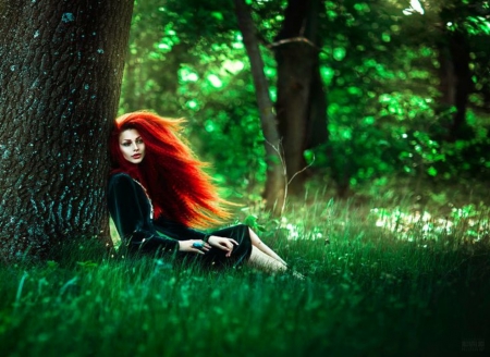 Beauty Redheads - beauty, woman, green forest, in garden, hair long, redheads