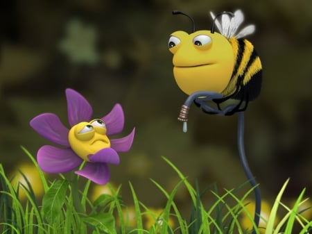 BEE WATERING - bee, 3d, watering, funny, flower