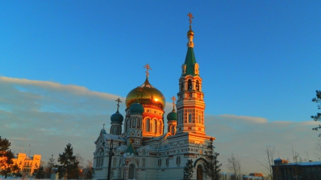 fabulous orthodox church at sunset - orthodox, dome, church, sunset, gold