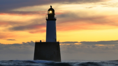 wonderful sea lighthouse - sunset, lighthouse, waves, sea, pier