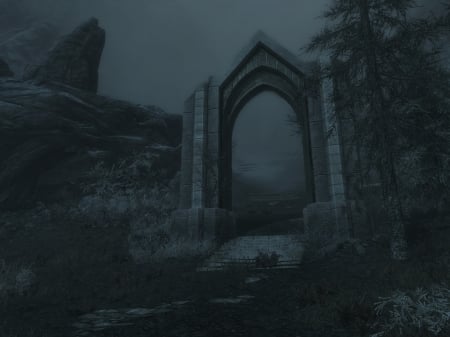 The forgotten vale - dark, pine trees, architecture, fog, ruins, mist, steps, snow, skyrim