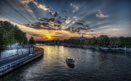 River Sunset In Paris - sky, france, clouds, cars, paris, rivers, sunset