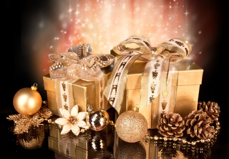 Golden Gifts - ribbons, decorations christmas, reflections, balls, all gold, party, gifts, pines, flower