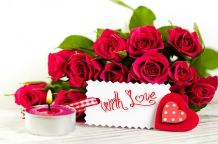 ♥ With Love ♥ - candle, red roses, love, still life, hearts