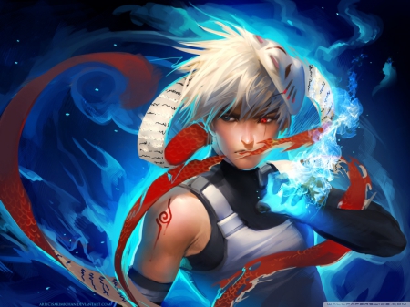 anime guy - anime, blue, white hair, red