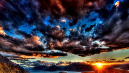 fantastic sunset sky - clouds, river, sunset, mountains, sky