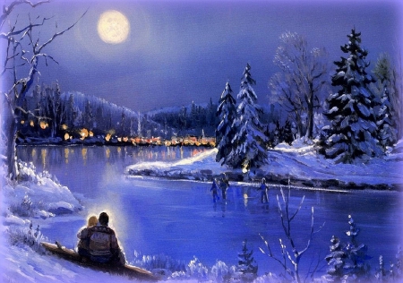 â˜…Sweet Moonlight in Winterâ˜… - woman, greetings, frosty, people, bay, moons, children, lovers, man, digital art, romance, family, paintings, moonlight, landscapes, love, celebrations, xmas and new year, christmas trees, winter, christmas, love four seasons, weird things people wear, snow, winter holidays, scenery, drawings