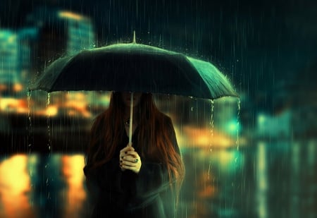 Rain - woman, night, umbrella, rain