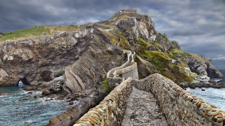 stone pier to a rocky islet hdr - hill, islet, pier, steps, hdr, stones, rocks