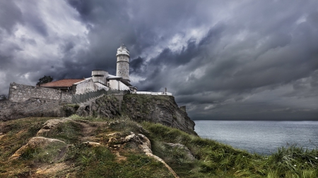 brick lighthouse under stormy sky hdr - hill, lighthouse, bricks, clouds, hdr, shore, sea, storm