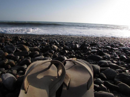 Sandals - sandals, ocean, rocks, sky