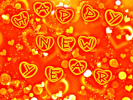 Happy New Year - Orange, Love, Hearts, Happy New Year