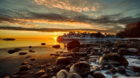 Beautiful sunset - sky, beach, water, sunset, coast, rocks, reflection, clouds, scene, lake, landscape, sunlight, light, winter, wallpaper, hd, nature, dawn, snow, sunrise, sea