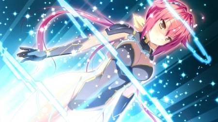 Let's go! - pretty, anime, ponytail, magic, female, long hair, mecha, nice, pink hair, brown eyes, anime girl, game, beautiful, beauty, cool, sweet, cg, fantasy, glowing, awesome, lights, cute, sexy, gloves, meha