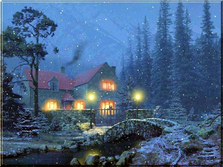 Winter Night - forest, lights, cottage, bridge, artwork, houses, river, trees, ice, painting, snow