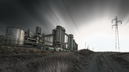 factory in the mist - towers, road, factory, mist