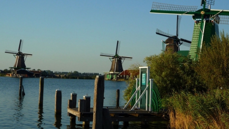 windmills - netherlands, south holland, windmills, water, koog aan de zaan, place, home town, in