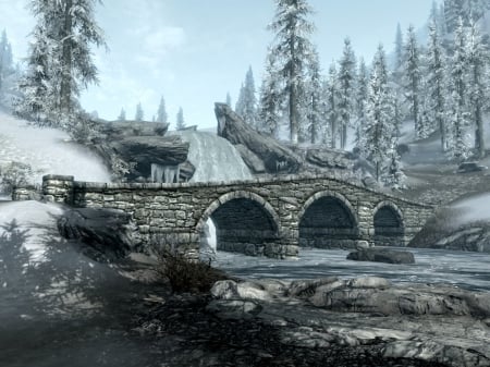 Bridge to Windhelm - stone, sky, mountain, trees, winter, path, waterfall, forest, skyrim, clouds, bridge