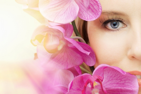 Lady - face, beauty, lady, orchid, model