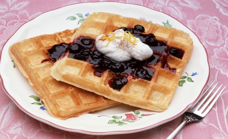 Have Some Nice Blueberry Topped Waffles For Breakfast - waffles, fork, whipped, delicious, blueberries, fruit, topping, abstract, breakfast, sweet, plate