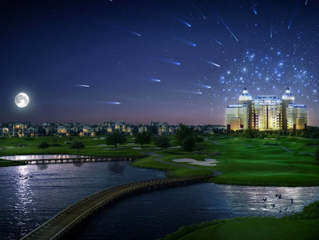 Meteor Moonlight - lake, full moon, buildings, meteors, grass