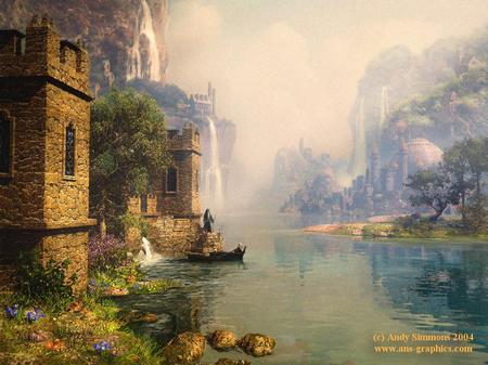 Castle and River - art, river, castle, waterfalls, flowers, misty