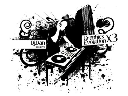 Hey DJ - head phones, vector, art, disks, d j, records, black and white