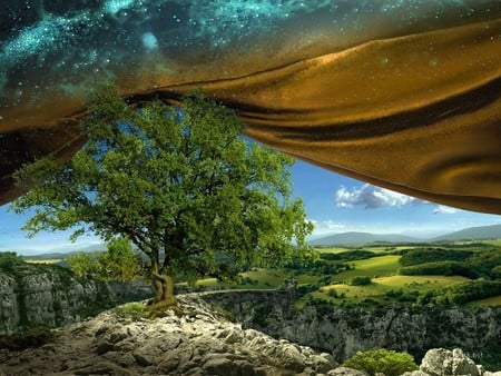 Fantasy Land - land above, tree, mountains, fantasy, grass