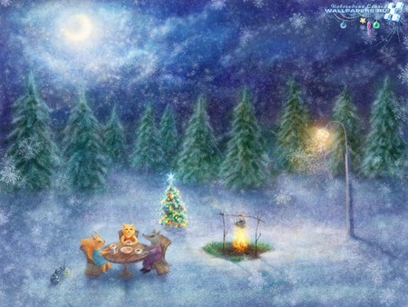 Christmas Tea Party - moon, animated animals, forest, lamp, tea party, fire