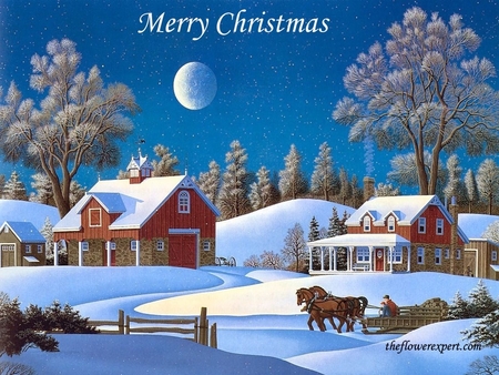 Merry Christmas - trees, snow, houses, fence, full moon, horse and cart