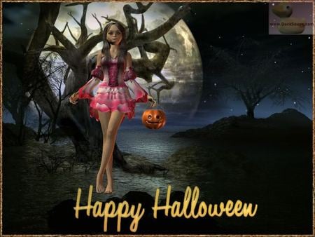 Halloween Girl - jack o lantern, moon, girl, night, full moon, tree