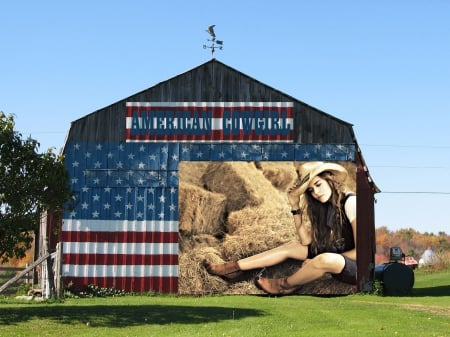 American Cowgirl - female, America, fashion, freedom, entertainment, barns, cowgirls, style, Veterans Day, farm, famous, women, models, rodeo, outdoors, Memorial Day, flags, hay, ranch