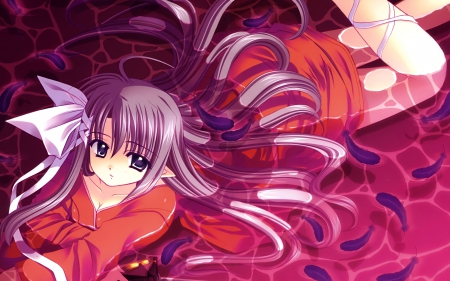 Anime - purple eyes, long hair, water, white ribbon, feathers, anime, orange dress, white bow