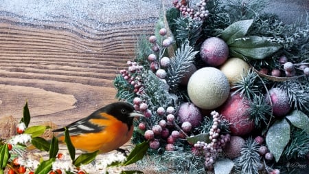 Winter on Deck - spruce, greens, winter, deck, boards, berries, bird, christmas, fir, balls, snow, frost