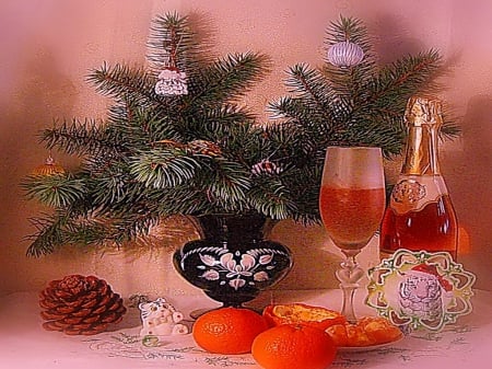 Still life - abstract, winter, bottle, photography, holidays, still life, celebration, orange, crystal, champagne, arrangement, fruits, glass