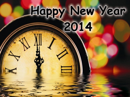 Happy New Year~2014 - water, Happy New Year, New Year, clock, 2014, midnight