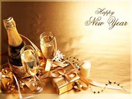 Happy & Magical New Year!♥2014 - champagne, new year, splendor, present, candle, holidays, golden, happy