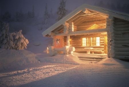 Quiet Winter Night - winter, snowy, night, mountains, light, cottage