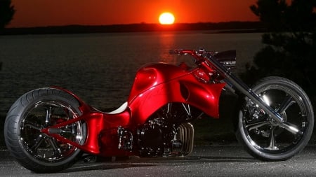 Red Dragon - vehicles, motorcycles, bikes, sunset, choppers, lakes