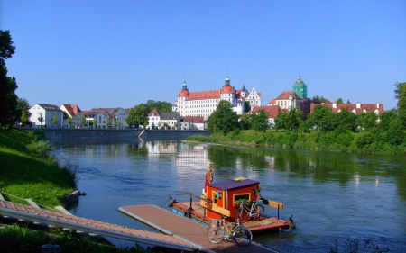 Picturesque Neuberg an der Donau - Neuburg an der Donau, house, trees, Germany, dock, ferry, river, bicycle, castle, sky, bridge