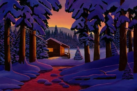 Winter cabin - cottage, sky, trees, sunset, path, creek, painting, quiet, art, evening, calmness, river, artwork, house, winter, lovely, serenity, forest, snow, beautiful, cabin