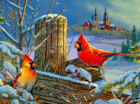 Winter cardinals-detail - branches, sky, winter, painting, nature, cardinals, village, art, church, frost, snow, house, snowy, birds