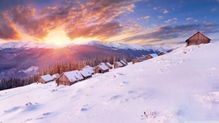 Huts - huts, forest, mountains, wallpaper, winter, landscape, sun, hd, sky, clouds, scene, sunset, nature, sunrise, dawn, snow