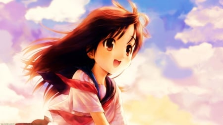 â™¥!Precious Memories!â™¥ - red ribbon, brown eyes, joy, sunset, wonderful, seifuku, brown hair, wind, evening, clouds, anime, cute, skirt, girl, adorable, school, long hair, lovely, school uniform, beautiful, sweet, smile, blush, cheerful, happy