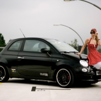 Fiat 500 supermodel in red white polka dot dress