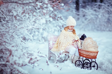 Little Lady - pretty, trees, little lady, winter, snowy, splendor, snow, girl, beauty, winter time