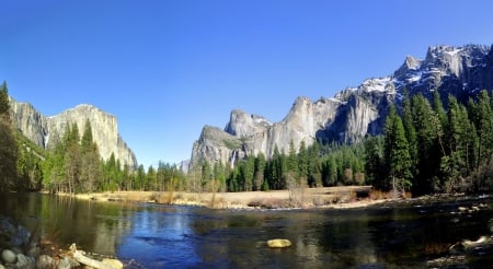 Yosemite National Park, California - national, trees, water, blue, forest, mountain, nature, green, california, lake, yosemite, sky, park